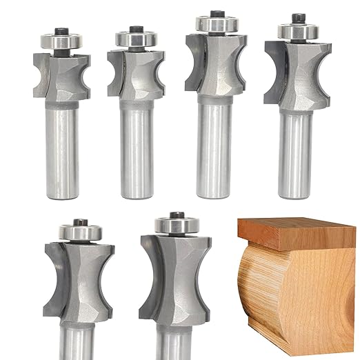 Akylin's 6Pcs Convex Edge Oval Router Bit Set 1/2" Shank, Shallow Bullnose at at 5/16",3/8",1/2",5/8",3/4",7/8" Length,Convex Column Molding Router Bits-Perfect for Stair Treads and Shelf Edges