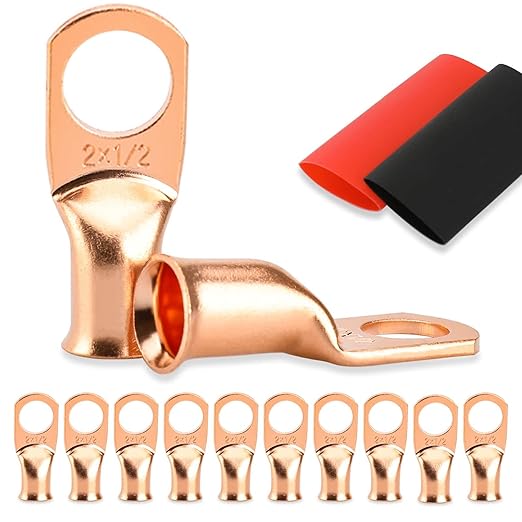 10PCS Battery Cable Ends, 2 Gauge Wire Connectors 1/2 Copper Wire Lugs, Bare Copper Eyelets with Heat Shrink Tubing by HOUSUN