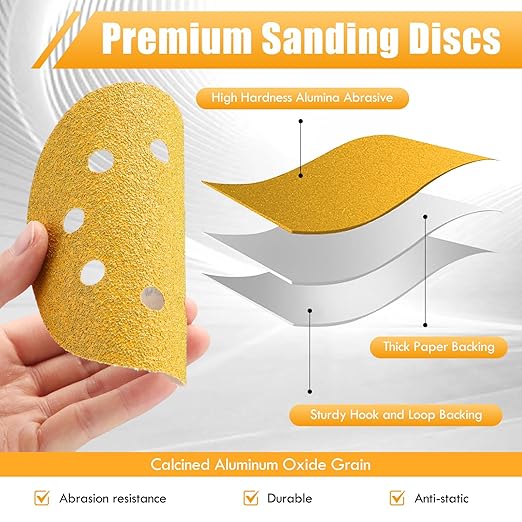 Maxdot 200 Pcs 5 Inch Sanding Discs 8-Hole Hook and Loop Gold Sandpaper Mixed Grits, 60, 80, 100, 120, 150, 220, 320, 400, 600, 800 for Random Orbit Sander