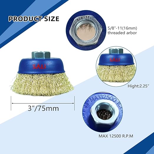 SALI 6 Pack Wire Cup Brush, 3 Inch Coarse Crimped Cup Brush for Grinders, with 5/8 Inch Arbor for Heavy Cleaning Rust, Stripping and Abrasive, for Angle Grinder