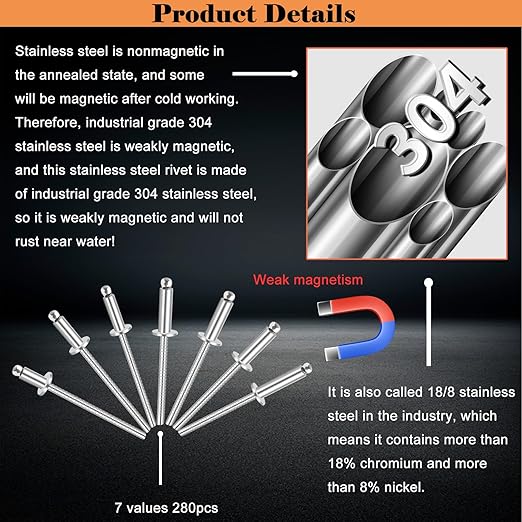 100pcs 1/8 x 1/2 inch 304 Stainless Steel Pop Rivets, 3.2 x 12.7mm Blind Rivets for DIY/Automotive Repairs/Furniture