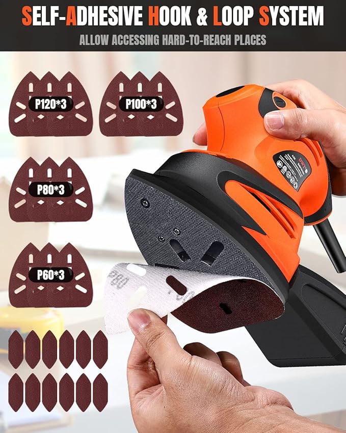 Detail Sander, 1.5A 15000 OPM Electric Sander with 24pcs Sandpapers, Efficient Dust Collection System & Detail Finger Attachment, Soft Grip Handle, Compact Hand Sander for Woodworking