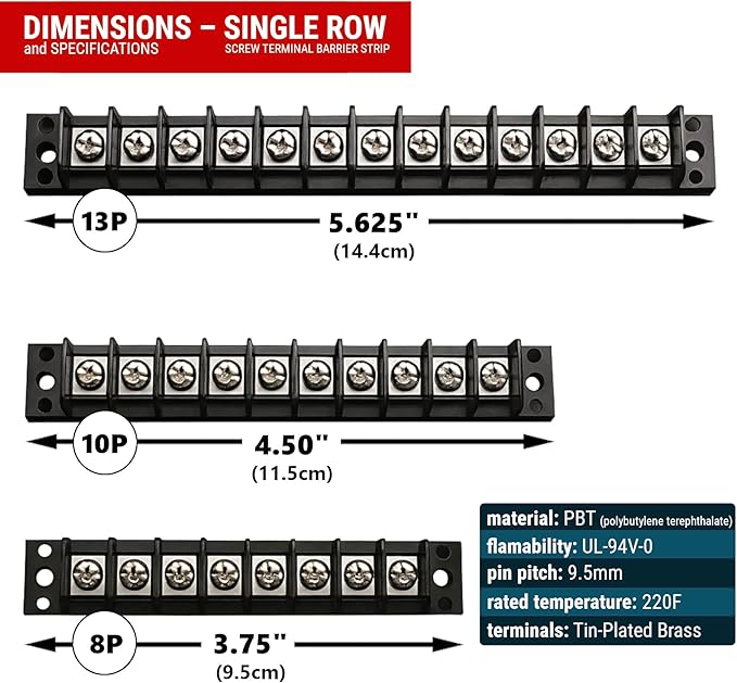 MGI SpeedWare Single Row Screw Terminal Junction Block 300V/20A, Through-Panel Barrier Strip 2-Pack (10 Screw)