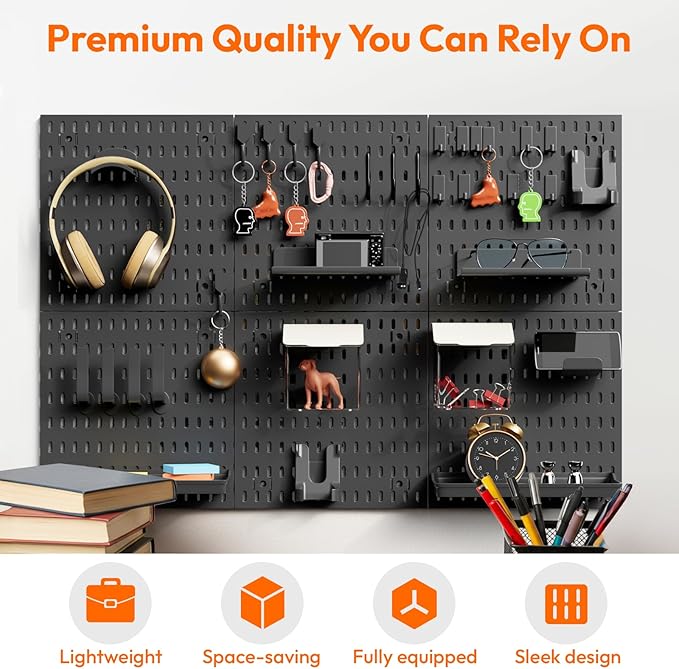6Pcs Black Peg Board Wall Organizer, Plastic Pegboard Panel, Garage Storage Tool Organizer for Wall, Craft Room, Kitchen, Workshop, Office, Includes Hooks and Bins