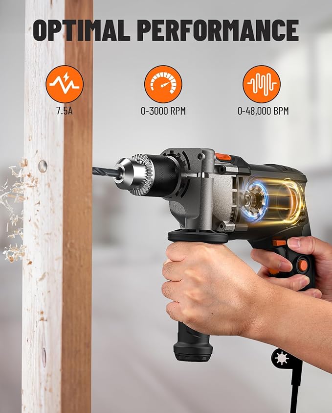 PHD03B 7.5A Corded Hammer Drill, 1/2'' Impact Drill with Variable Speed 0–3000RPM, Metal Chuck, 2 Modes for Concrete, Wood, Metal – Includes Bits & Carrying Case