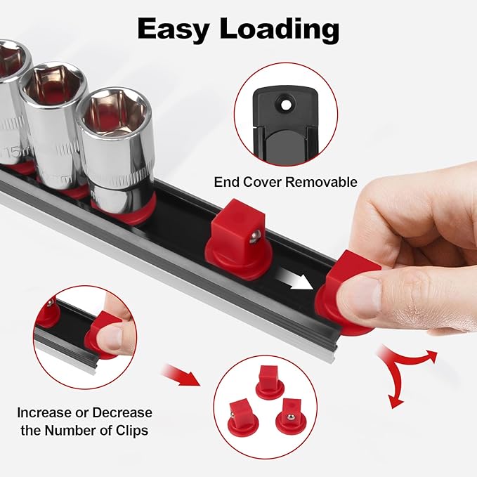 Fivepears Magnetic Socket Rails Storage Organizer, Heavy Duty Aluminum ABS Socket Holders, 360 Swivel Clips for Tool Box, 3/8 x 14, 1/2 x 12, 1/4 x 14 (Red)