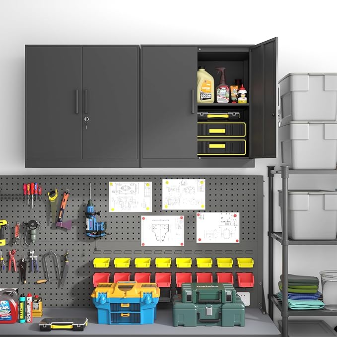 Metal Wall Cabinet,Garage Wall Cabinet with Handle,Lockable Storage Cabinets Wall Mounted with 2 Doors,Locking Cabinet with Shelves for Basement,Living Home,Black