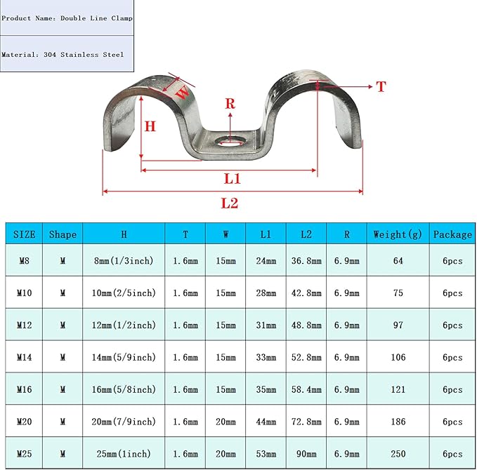 6pcs 8mm(1/3 inch) Double Line Clamp Heavy Duty 1 Hole Conduit Strap 304 Stainless Steel M-Type Pipe Strap For Wire Pipe Cord Installation