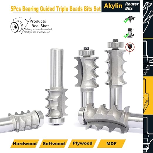 5pcs Triple Beading Router Bit Set,1/2" Shank,Radius 3/32",1/8",5/32", 5/32" and 3/16",Bearing Guided Cutters for Wood Multiple Beads Profiling,Molding,Edging