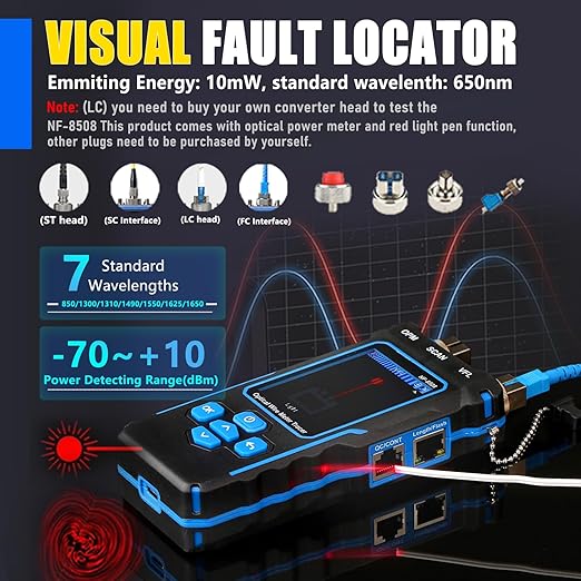 NF-8508 Network Cable Tester with Optical Power Meter 10mw Visual Fault Locator,POE/NCV/RJ11 RJ45/CAT5 CAT6 Cable Toner Ethernet Tester,Length Measurement,Fiber Find Fault Test Phone Line Tracer