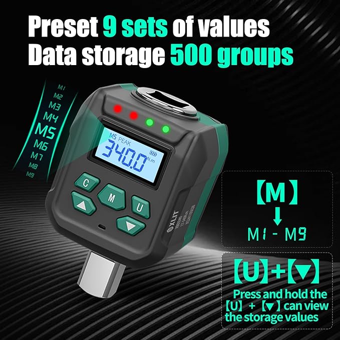 1/2-Inch Drive Digital Torque Adapter, 12.5-250 ft-lb (17-340 Nm), ±2% Accuracy - Electronic Torque Meter Gauge & Checker with Buzzer & LED Alerts for Automotive, Truck, SUV Lug Nuts