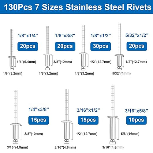 240pcs Steel Rivets with Washers 7-Sizes 304 Stainless Steel Pop Rivets Assortment Kit 1/8",5/32",3/16" for Metal,Furniture,Automotive,Instruments