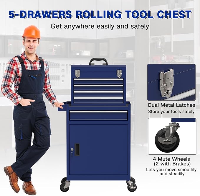 5 Drawer Tools Chest, Tool Cabinet with Universal Lockable Wheels，Tool Box with Detachable Top Box for Workshop (Darkblue)