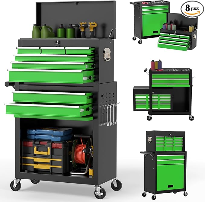 On Shine 8 Drawer Rolling Tool Chest, Large Capacity Rolling Tool Box with Wheels, Locking Mechanical Tool Chest, Portable Tool Box with Sliding Drawers,Metal Tool Box for Garage Workshop（Black Green）