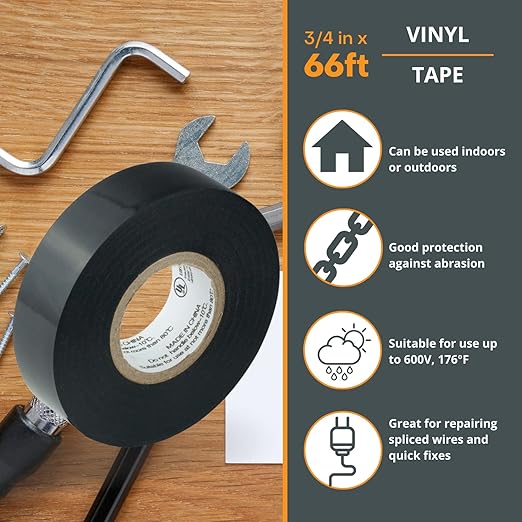 GTSE Black Electrical Tape, 10 Rolls – Waterproof, Industrial Grade Vinyl, 3/4 in x 66ft– Strong Self-Adhesive PVC Electric Tape for Wire Insulation, 7 Mil, 600V – UL/CSA Listed