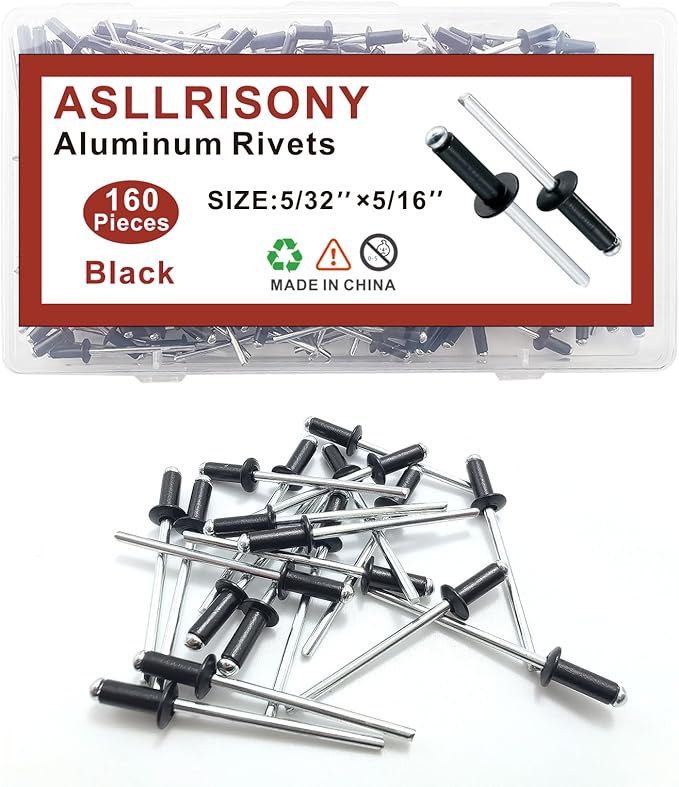 160pcs Black 5/32" x 5/16" Aluminum Blind Rivets, 4 x 8mm Pop Rivets,Aluminum Grip and Steel Mandrel