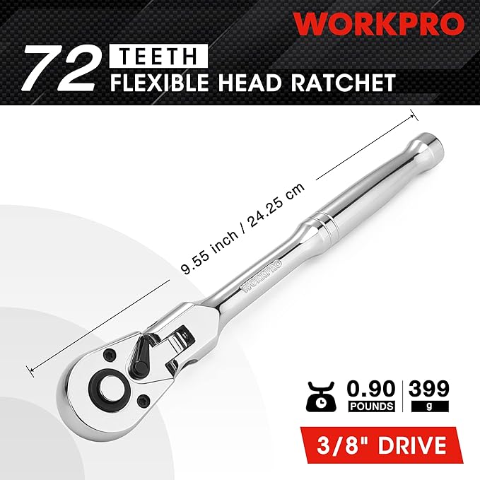 WORKPRO 3/8" Drive 72-Tooth Flex Head Ratchet with Chromium Plating Quick Release Reversible Design, 5 Degree Swing