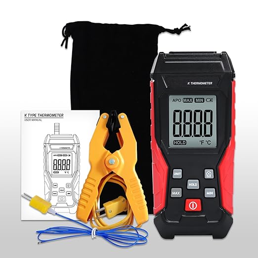 Thermocouple Thermometer Digital K Type Thermometer, Single Channel Thermocouple Tester(-328~2501℉) with 1 Temperature Clamp and 1 Wired Thermocouple Probes LCD Display Temperature Tester for K Type