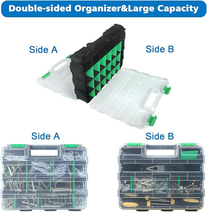 Double Side Tool Box Organizer, Hardware Storage Box, Portable Small Parts Organizer with Removable Plastic Dividers for Screws, Nuts, Nails, Bolts, Green