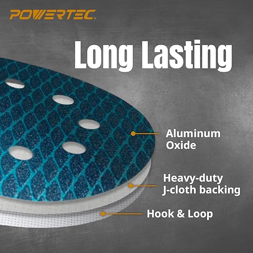 POWERTEC 5 Inch 8-Hole Hook and Loop Diamond Shaped Sanding Discs, 50PK, 240 Grit for Random Orbital Sanders – J-Weight Cloth Backing for Long Life, Anti-Clog Sandpaper (44924)