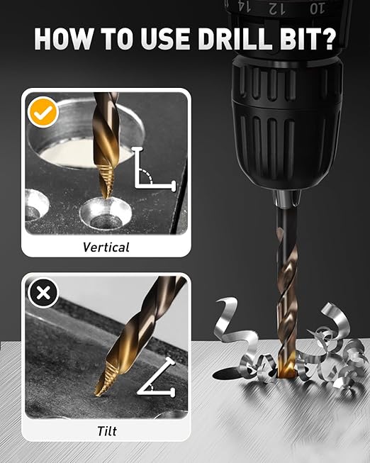 COMOWARE 15Pcs Stepped Point Drill Bit Set, 1/16" – 3/8" Drill Bit Index,HSS M2 Jobber Drills Bits, No Pre-Drilling, Titanium-Coated, 3-Flat Shank, Drills Bits Set for Metal/Plastic/Acrylic/Wood