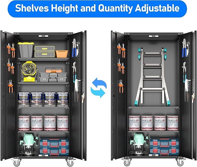Upgraded Metal Storage Cabinet with Wheels, Lockable 72" Tall Cabinet for Garage Utility Rooms, Pegboard & 4 Hooks, Adjustable Shelves (Black)
