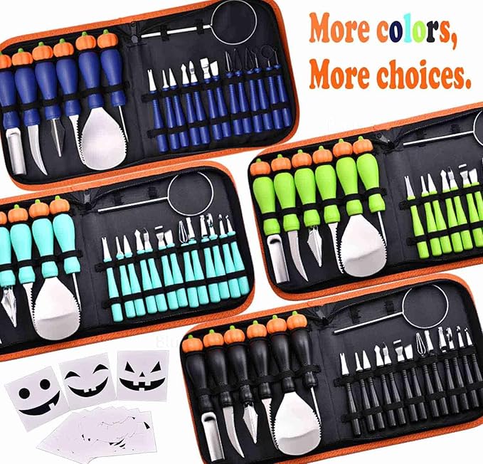 Pumpkin Carving Kit Heavy Duty Stainless Steel Tools with Carrying Case (Total 31 Pieces) Pumpkin Carver Pumpkin Sculpting Set Halloween Party Decorating Gift for Adults (Blue)