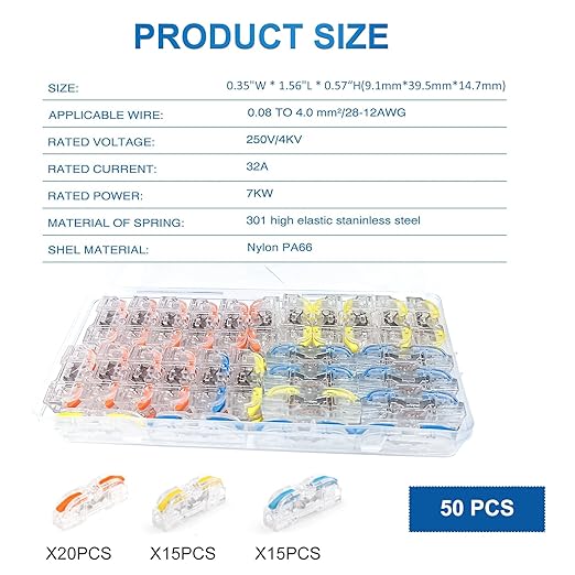 50PCS Boxed Splicing Terminal Blocks, Lever Type Quick Splicing Wire Connector terminals,Wire tap connectors ， Easy to Connect and Splice Wire Household Wire connectors (1-on-1 Interface)
