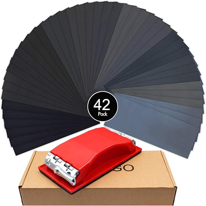 WELLGO Sanding Block With 42 pcs Sandpapers Wet Dry 120 to 3000 Assorted Grits Sandpapers, 9x3.6 Inch Sanding Sheets for Wood Furniture Finishing, Metal Sanding,Car Sanding,Glasses Sanding