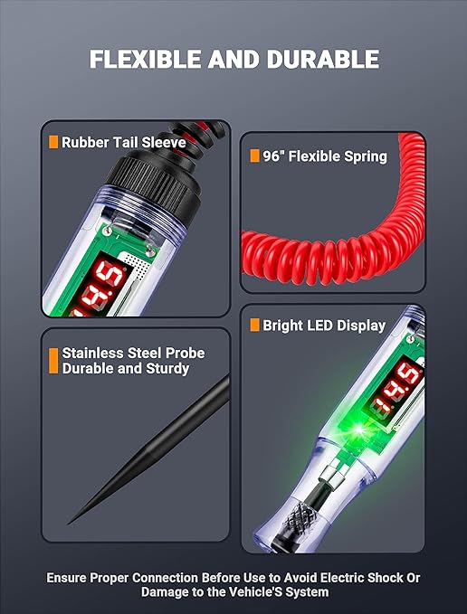 Test Light Automotive 5-90V Digital LED Light Tester with Voltage Display, Voltage Test Pen with Extended Spring Wire & Stainless Steel Probe, Circuit Tester for Car, RV, Fuse Voltage Systems (5-90V)