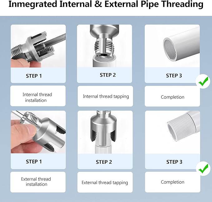 Integrated Internal & External Pipe Threading Tool, 1/2'' 1'' Dies, Dual-Function Pipe Thread Cutting Tool, Electric Drill Compatible Pvc Pipe Threader Kit for Home Repair