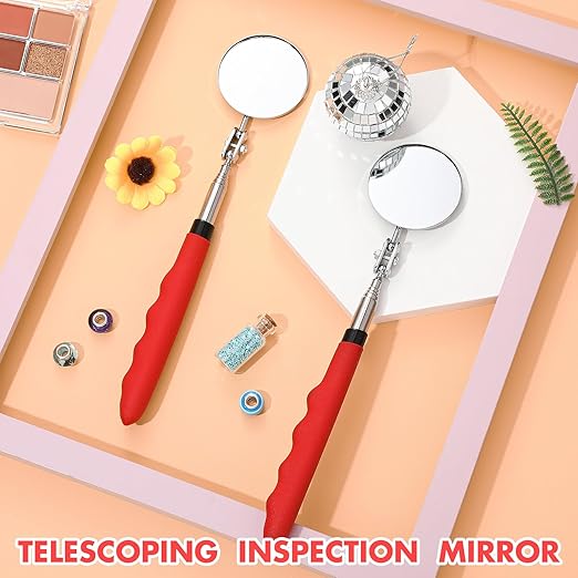 1 Pcs Telescoping Inspection Mirror Mechanics Automotive Tool with Long Handle Extendable Mirror on a Stick for Technicians Mechanics Contractors Checking Observation(Red,Round)