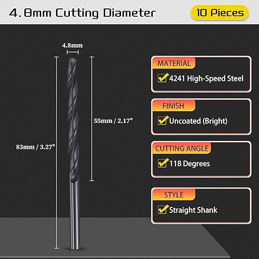 Drill Bit, 4.8mm Cutting Diameter, 4241 HSS Nitriding Black 118° Cutting Angle Versatile Jobber Bits - (Applications: for Drilling Plastic Wood Soft Metal), 10-Pieces