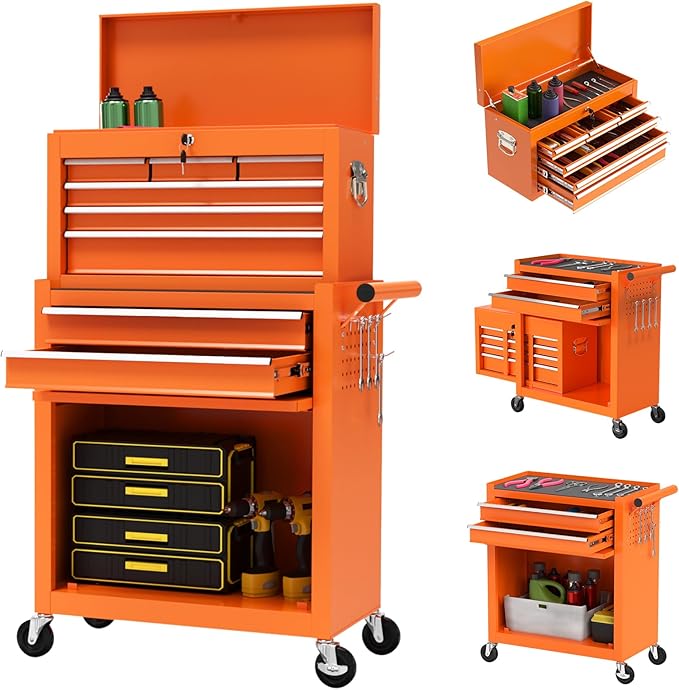 8-Drawer Rolling Tool Chest with Wheels, 2-in-1 Detachable Tool Box with Drawers and Large Cabinet, Rolling Tool Chest Storage Cabinet with Lockable for Warehouse, Garage, Workshop (Orange)