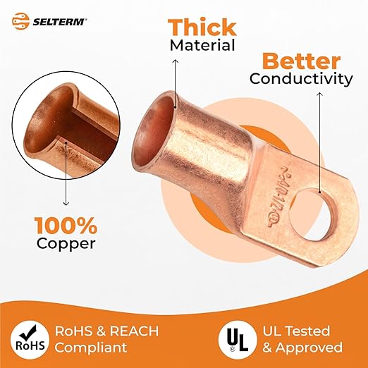 SELTERM 10pcs 4/0 AWG - 1/2" Stud Battery Lugs, Heavy Duty Wire Lugs, Ring Terminals, Cable Ends, 0000 Gauge Terminals, UL Bare Copper Eyelets Electrical Terminal Connectors