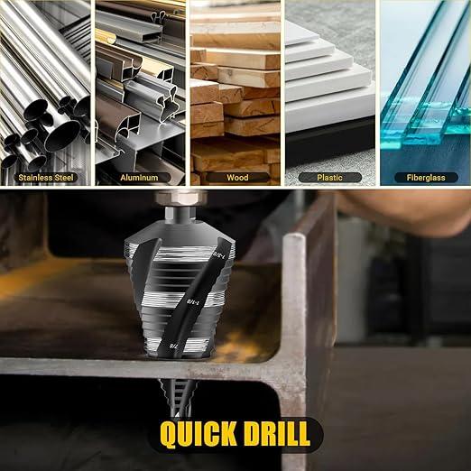 Four Spiral Flute Step Drill Bit, HSS Step Drill Bit 3/16"-1-3/8" (19 Steps) Unibit Step Drill Bit, 1/4" Shank Step Bits for Aluminum, Wood, Plastic, Metal