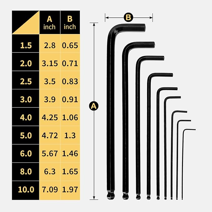 Allen Wrench Set Hex Key Set Ball End Long Arm – 9PCS Metric Hex Key Set, Cr-V Steel, 1.5–10mm, 6.7in, Black Finish, Ideal for Furniture Assembly, Bike Repairs, Garage Tools