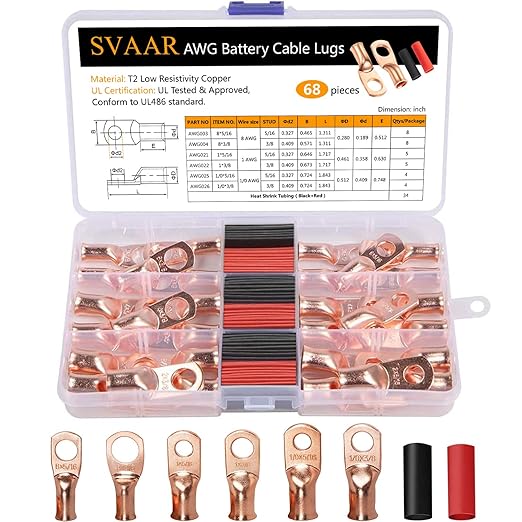 SVAAR 68pcs Battery Cable Lugs Kit 1/0 AWG 1 AWG 8 AWG Battery Cable Ends Heavy Duty Wire Lugs Copper Lugs with 3/8" & 5/16" Stud Closed End Tubular Ring Terminals Connectors with Heat Shrink Tube