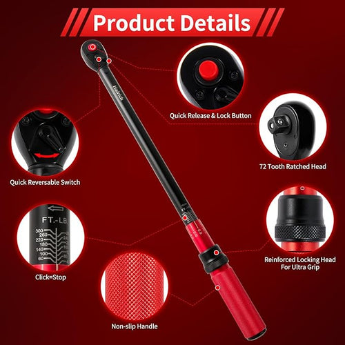 1/2-Inch Drive Click Torque Wrench, Dual-direction 40-300ft.lb/33.9-406.8Nm, 72-tooth Torque Wrench with Dual Range Scales, ±3% High Precision