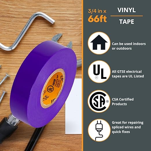 GTSE Purple Electrical Tape, 120 Rolls Bulk Box – Waterproof, Industrial Grade Vinyl, 3/4 in x 66ft– Strong Self-Adhesive PVC Electric Tape for Wire Insulation, 7 Mil, 600V – UL/CSA Listed