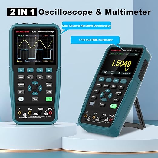 HANMATEK Handheld Digital Oscilloscope 100Mhz Bandwidth with 2 Channels HO102 3.5"TFT Mini Oscilloscope, 2 in 1 Oscilloscope and Multimeter, Backlit Screen, Auto-Calibration Function, Memory Function