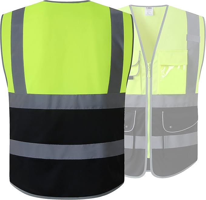 JKSafety 9 Pockets High Visible Reflective Safety Vest Zipper Front Breathable Lining, Yellow-Black Meets ANSI/ISEA Standards(150-Yellow-Black XL