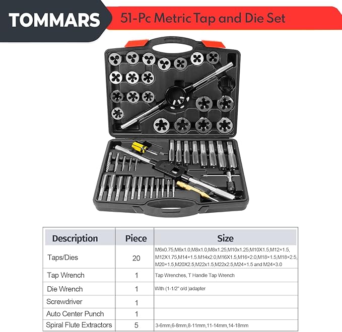 TOMMARS 51-Pc M6 to M24 Jumbo Tap and Die Set Metric Round Threading Dies for Threading and Rethreading Internal and External Threads