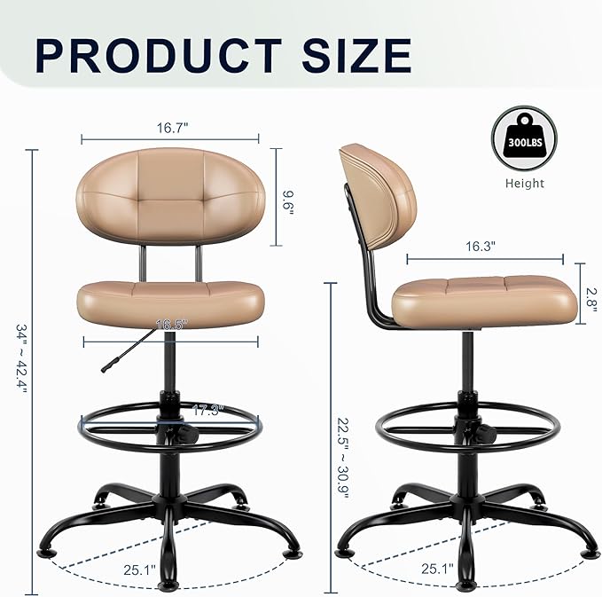 Misolant Armless Drafting Chair, Tall Office Chair no Wheels with Footrest Ring for Standing Desk, Small Faux Leather Executive Office Chair with Adjustable Height for Bar Counter Desk, Brown
