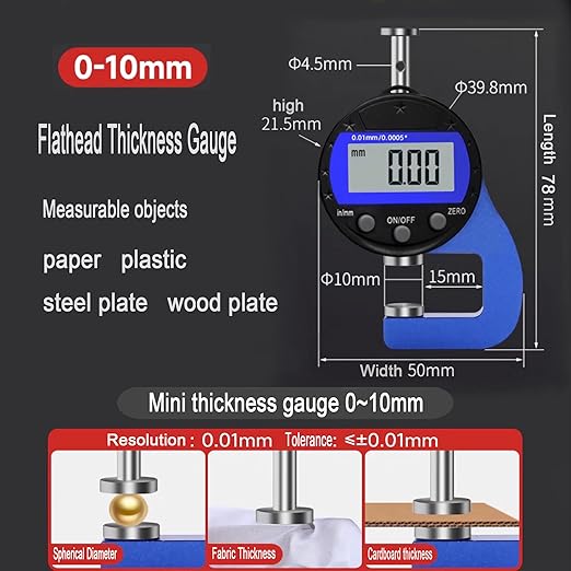 Digital Micrometer Measuring IndicatorMeasuring Range 0-10mm0.0005''/0.01 mm Measuring Indicator, Digital Thickness Gauge for Leather, Paper, Sheet Metal and More.（PT）