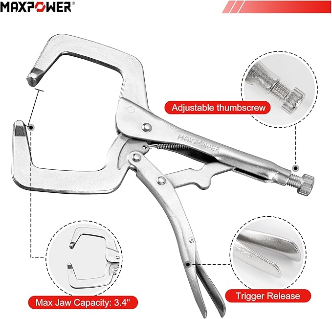 MAXPOWER 11-inch Locking C Clamp, Heavy Duty C-Clamp Locking Pliers with Regular Tip for Welding - 4 Pack