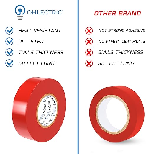 OHLECTRIC Professional Grade Vinyl Electrical Tape (10 Pack) Red - 7 Mil Thick Flame-Retardant, Heat & Weather Resistant 3/4 Inch x 60 Feet | Ideal for Contractors & Electricians