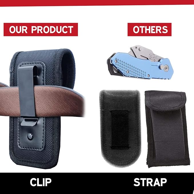 Heavy Duty Folding Utility Knife with Maintenance Tool, Holster, Nylon Pouch, Belt Clip, Stainless Steel Box Cutter, One Year Warranty