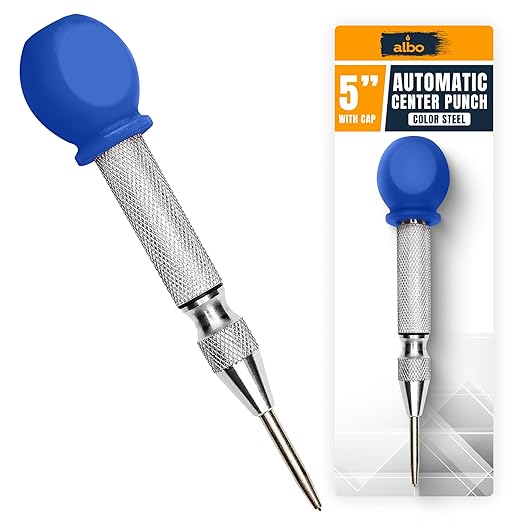 ALBO Spring Loaded Center Punch Tool – 5 Inch Automatic Punch for Metal, Wood & Steel – Heavy Duty Drill Punch with Non-Slip Comfort Cap, Galvanized Finish & Precision Tip for Accurate Marking (1pc)