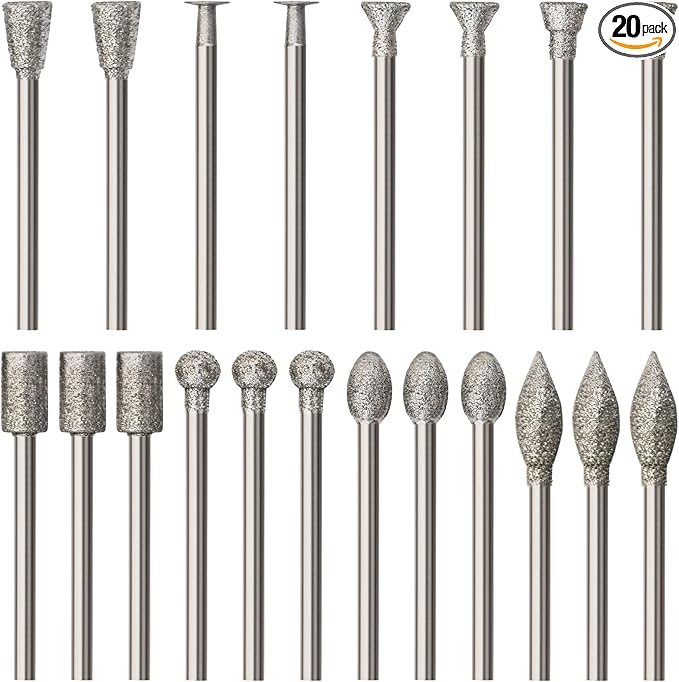 20PCS Stone Carving Set Diamond Burr Bits, HOMEIDOL Diamond Grinding Bits Suitable for Dremel, Polishing Kits Rotary Tools Accessories with 1/8" Shank for Carving, Engraving, Grinding, Stone, Glass